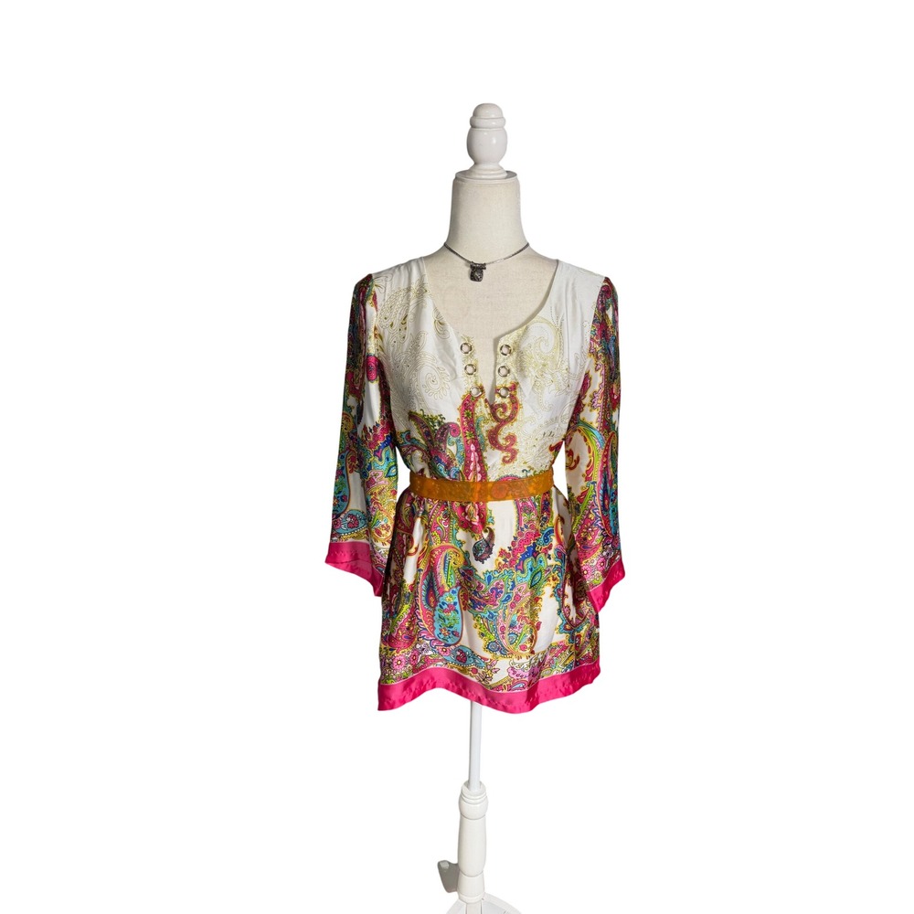 Floral Paisley Tie-Waist Women’s Top in White and Pink